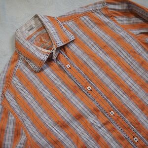 Bugatchi Sz M Orange Plaid Casual Button Down Shirt
